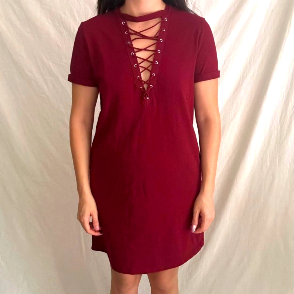 Forever 21 Knit Lace Up T-Shirt Mini Dress Nwt Size S Burgandy 100% Cotton